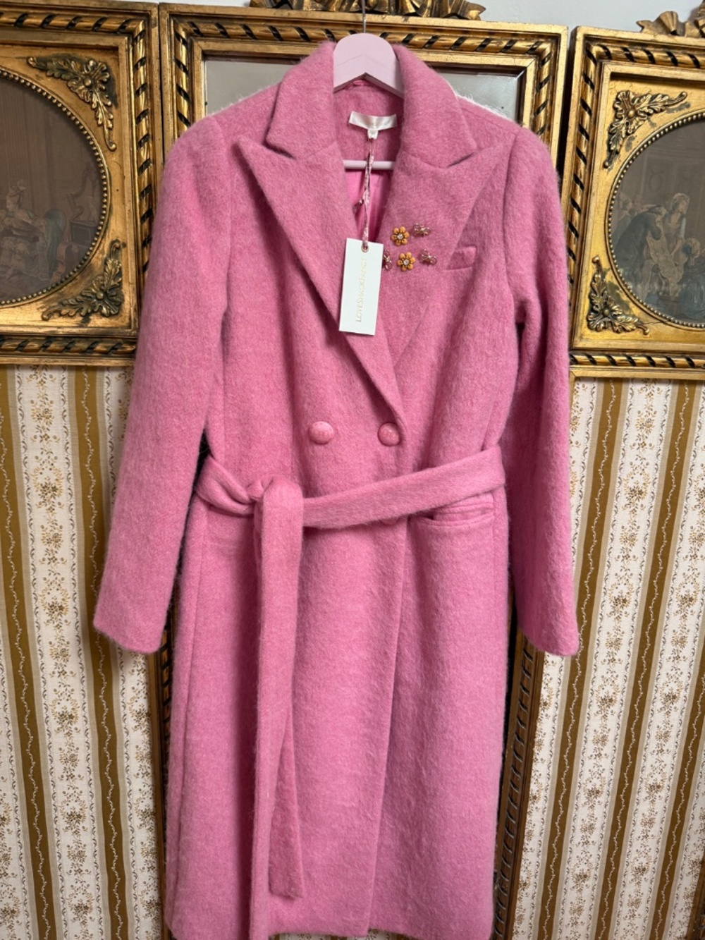 NWT LoveShackFancy Floret Wool Double Breasted Long Trench Coat Pink XS Bow - Picture 7 of 16